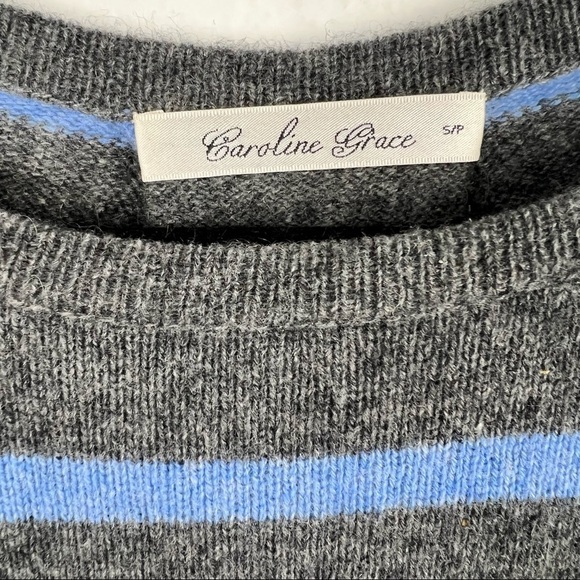 CAROLINE GRACE 100% Cashmere Sweater, Blue and Gray Striped with Pocket, Size S - Picture 3 of 5
